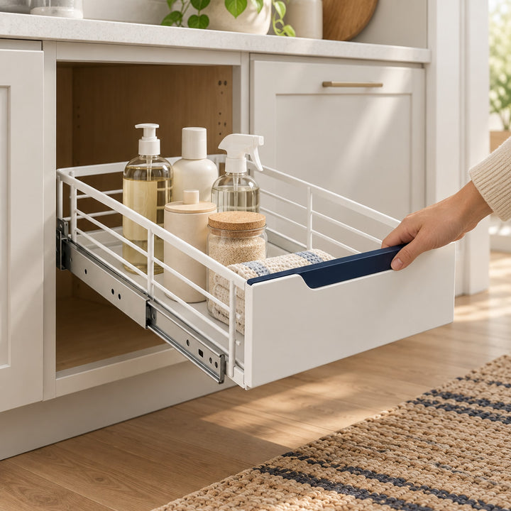 Pull-Out Cabinet Organizer: in-use setting (concept preview; supplier design unconfirmed)