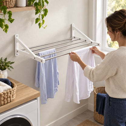 Wall-Mounted Folding Drying Rack: in-use setting (concept preview; supplier design unconfirmed)