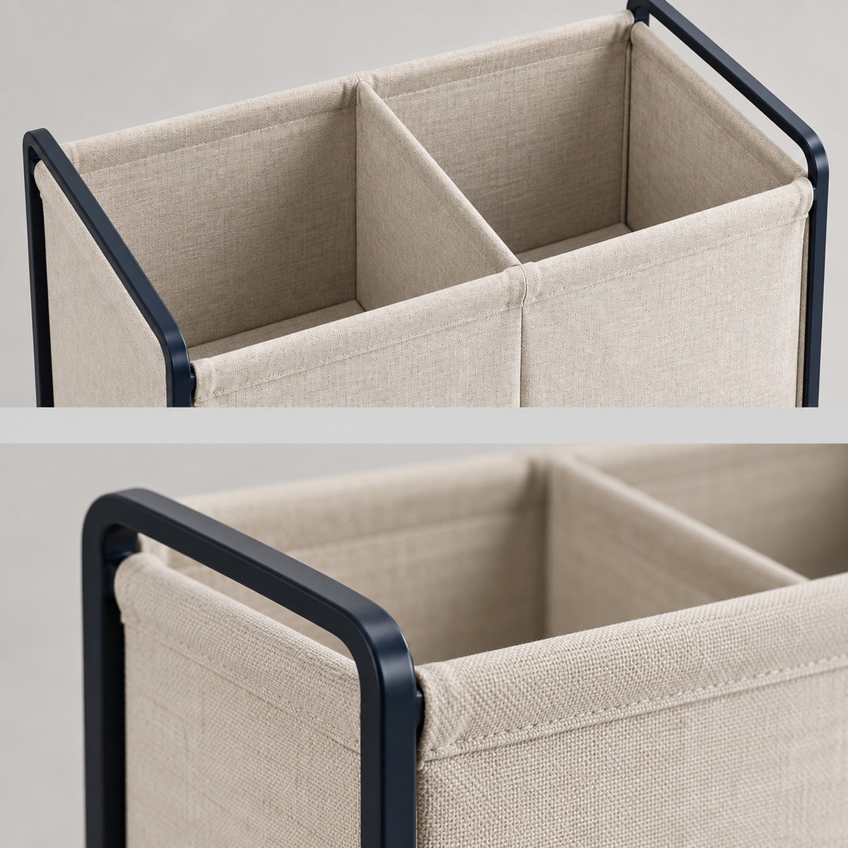 Dual-Compartment Laundry Hamper: structure close-ups (concept preview; supplier design unconfirmed)