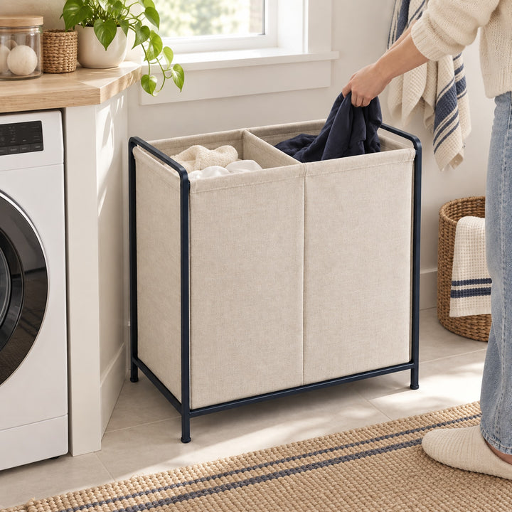 Dual-Compartment Laundry Hamper: in-use setting (concept preview; supplier design unconfirmed)