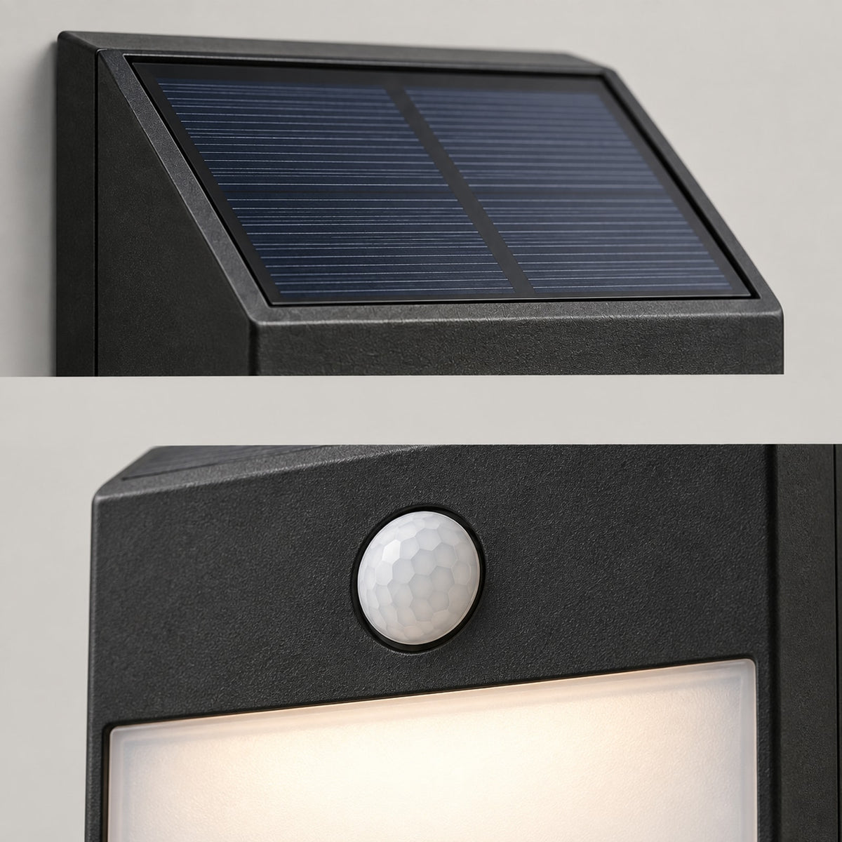 Motion-Sensor Solar Wall Light: structure close-ups (concept preview; supplier design unconfirmed)