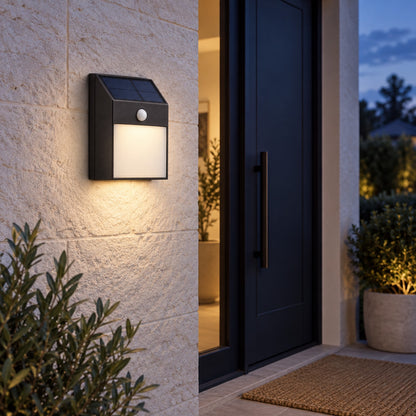 Motion-Sensor Solar Wall Light: in-use setting (concept preview; supplier design unconfirmed)