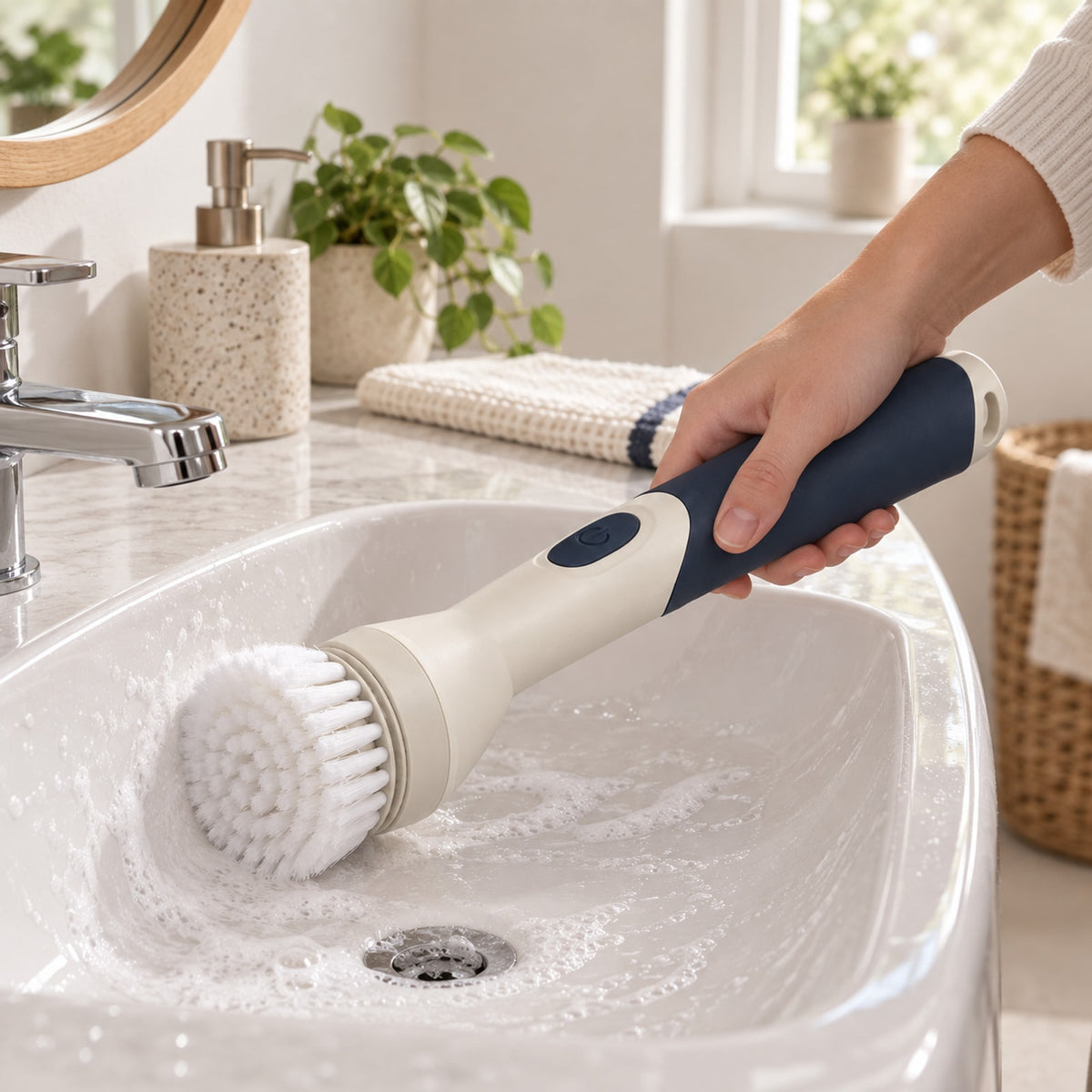 Cordless Electric Spin Scrubber: in-use setting (concept preview; supplier design unconfirmed)
