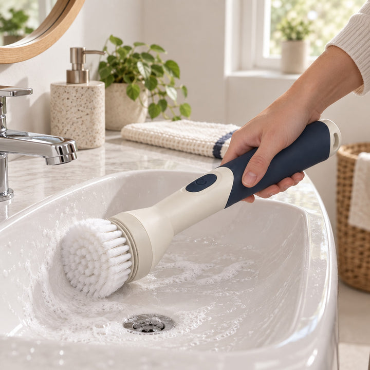 Cordless Electric Spin Scrubber: in-use setting (concept preview; supplier design unconfirmed)